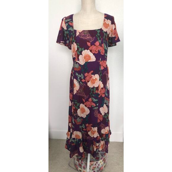Band of the Free Purple Floral Square Neck Midi Dress - M - Picture 2 of 6